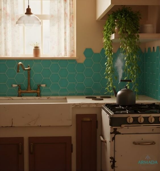 Armada Çini 15x17 Cm Düz Turkuaz Altıgen Seramik