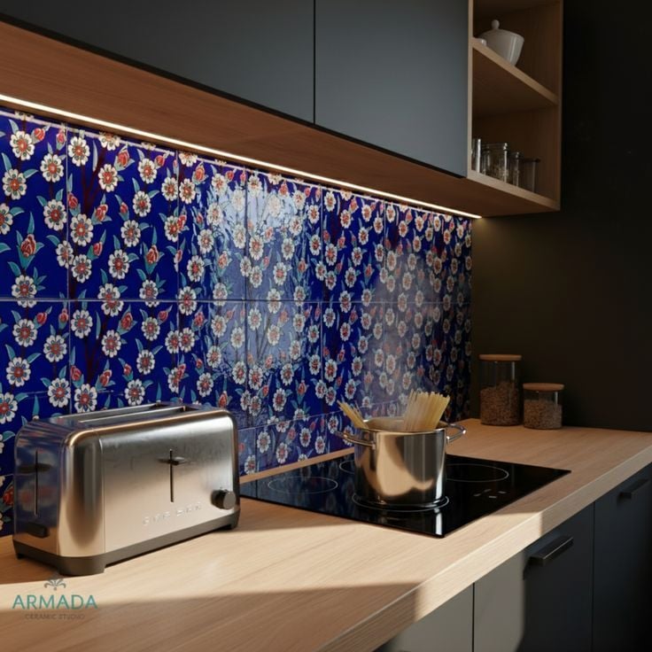 Armada Çini 20x20 Cm Ac 60 Kobalt Papatya Kütahya Çini Desenli Karo