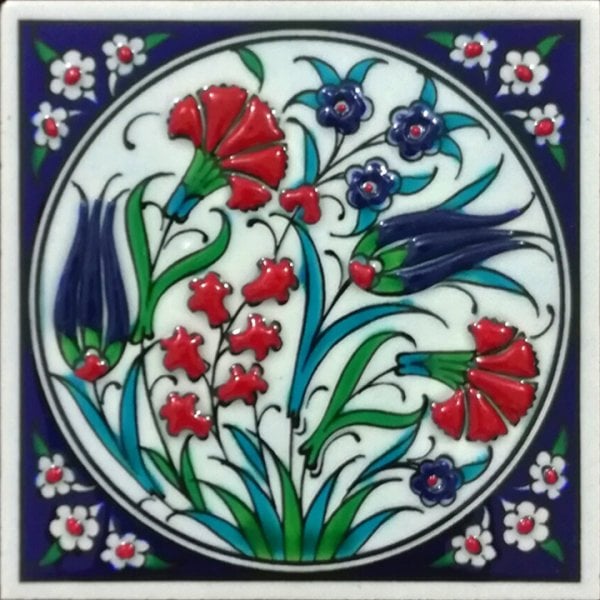 Armada Çini 10x10 Cm ED 101  Lale Karanfil İznik Eldekoru Çini Pano