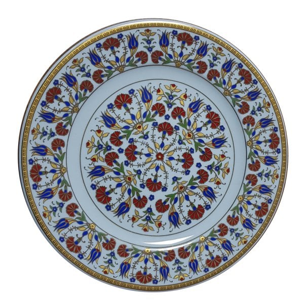 Armada Çini PRT 34 25 Cm Sarı Altın Yaldızlı Lale karanfil Desenli Porselen Çini Tabak