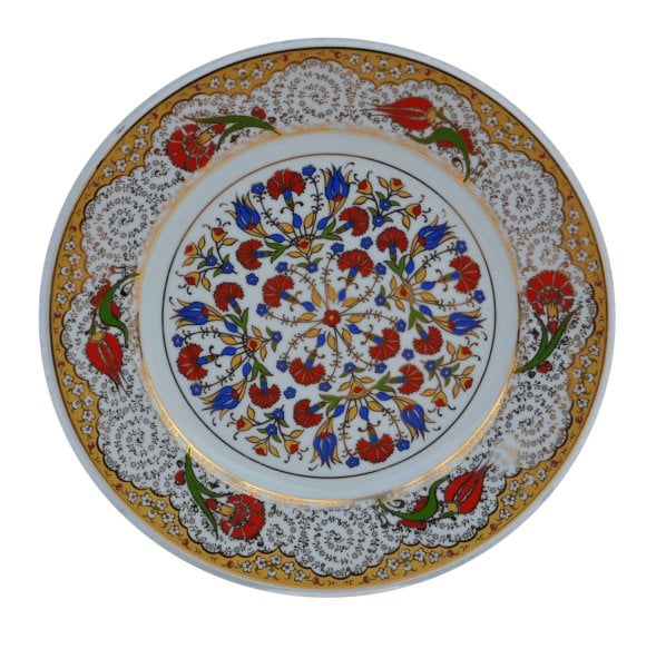 Armada Çini Prt 43 25 Cm Sarı Altın Yaldızlı Lale Karanfil Desenli Porselen Çini Tabak