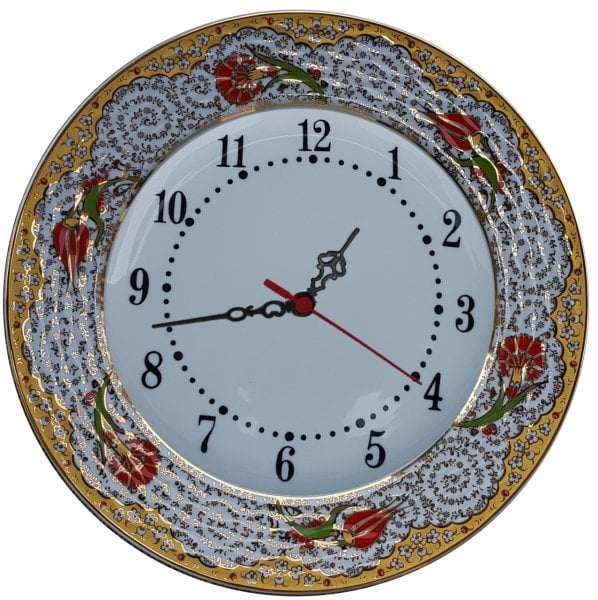 Armada Çini PRT 70 25 Cm Kırmızı Sarı Yaldızlı Lale karanfil Desenli Porselen Çini saat