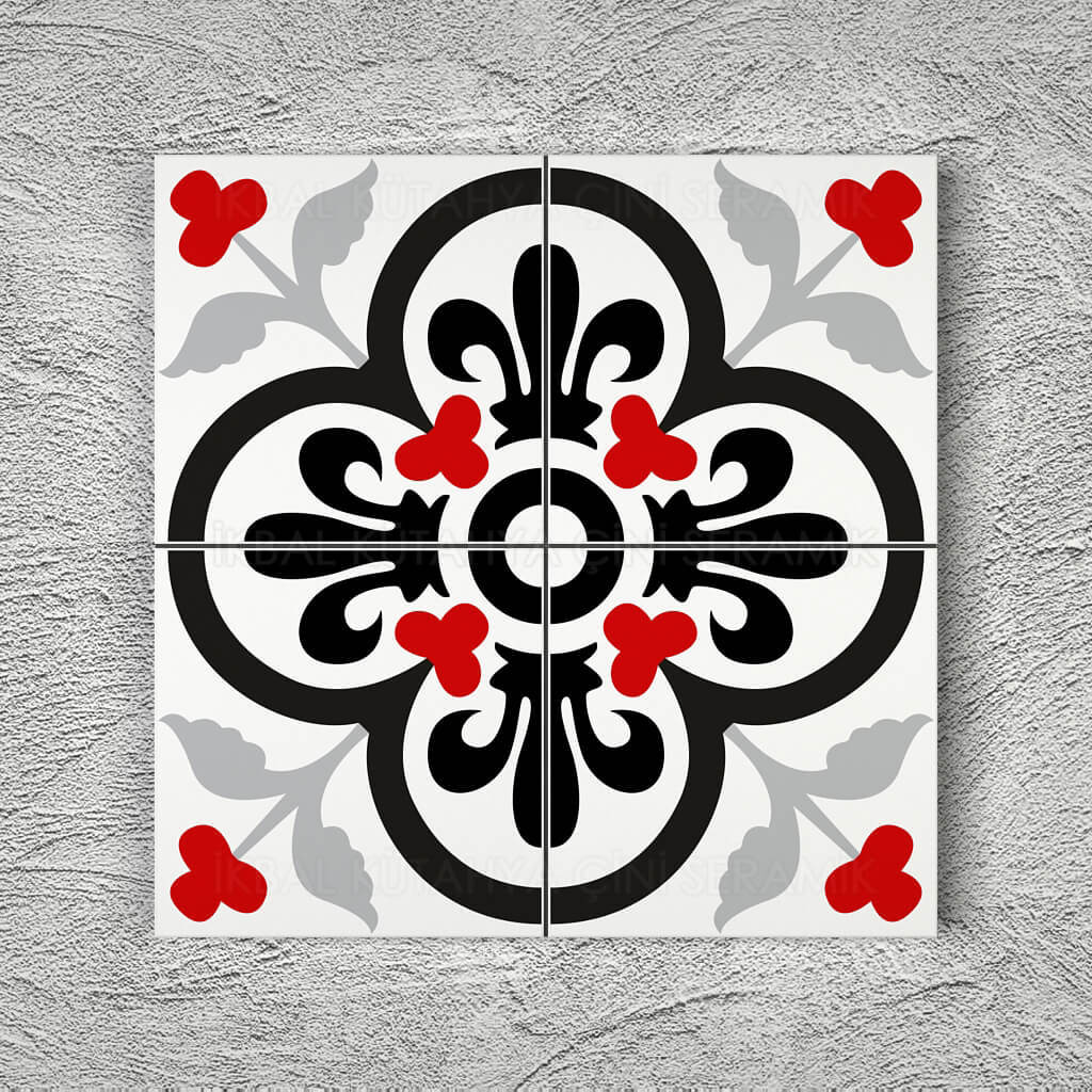 Armada Çini 20x20 Cm YC 6 Siyah Gri Kırmızı Arabesk Yer Çinisi