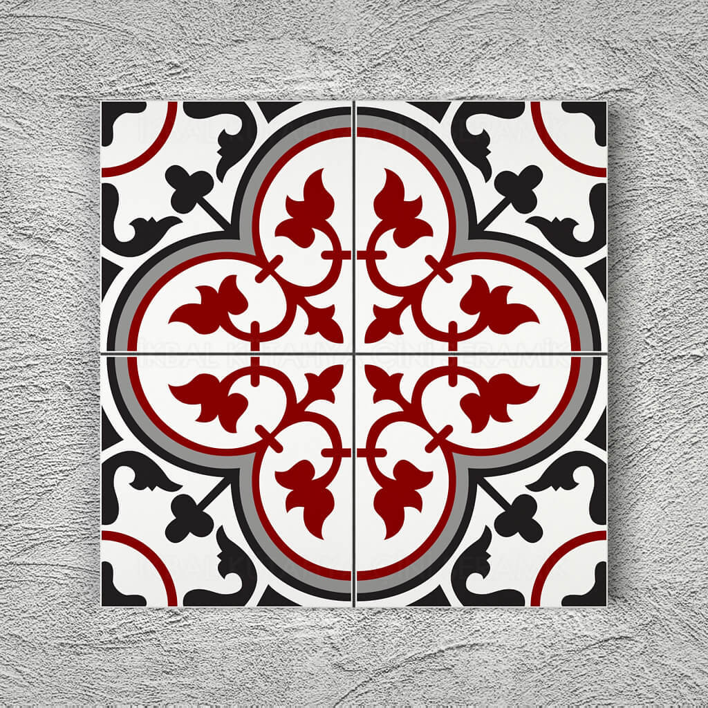 Armada Çini 20x20 Cm YC 44 Gri Kırmızı Çiçekli Yer Çinisi
