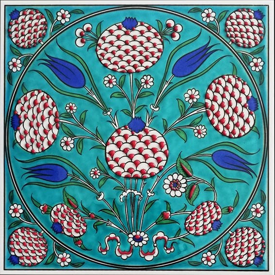 Armada Çini 20x20 Cm ED 337 Turkuaz klasik nar Desenli Eldekoru Çini karo