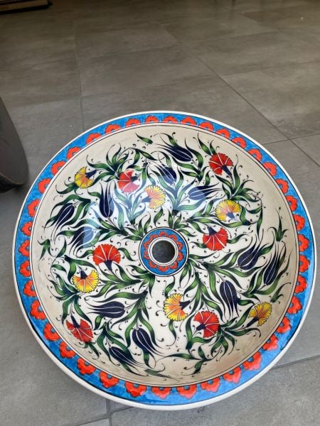 Tezgah Üstü Porselen Çini Lavabo Renkli Lale Desenli