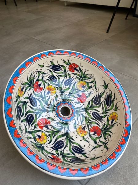 Tezgah Üstü Porselen Çini Lavabo Renkli Lale Desenli