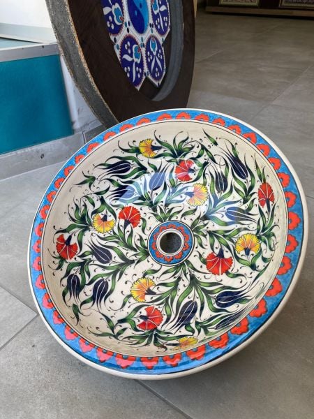 Tezgah Üstü Porselen Çini Lavabo Renkli Lale Desenli